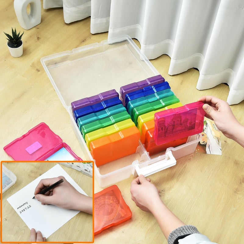 A-Link Photo Storage Box with Handle, 4" x 6" Photo Organizer Storage Container with 16 Inner Case and 1 Sheet Blank Labels for Pictures, Arts, Crafts, Sewing, Seeds, Office Supplies - Colored - Image 3